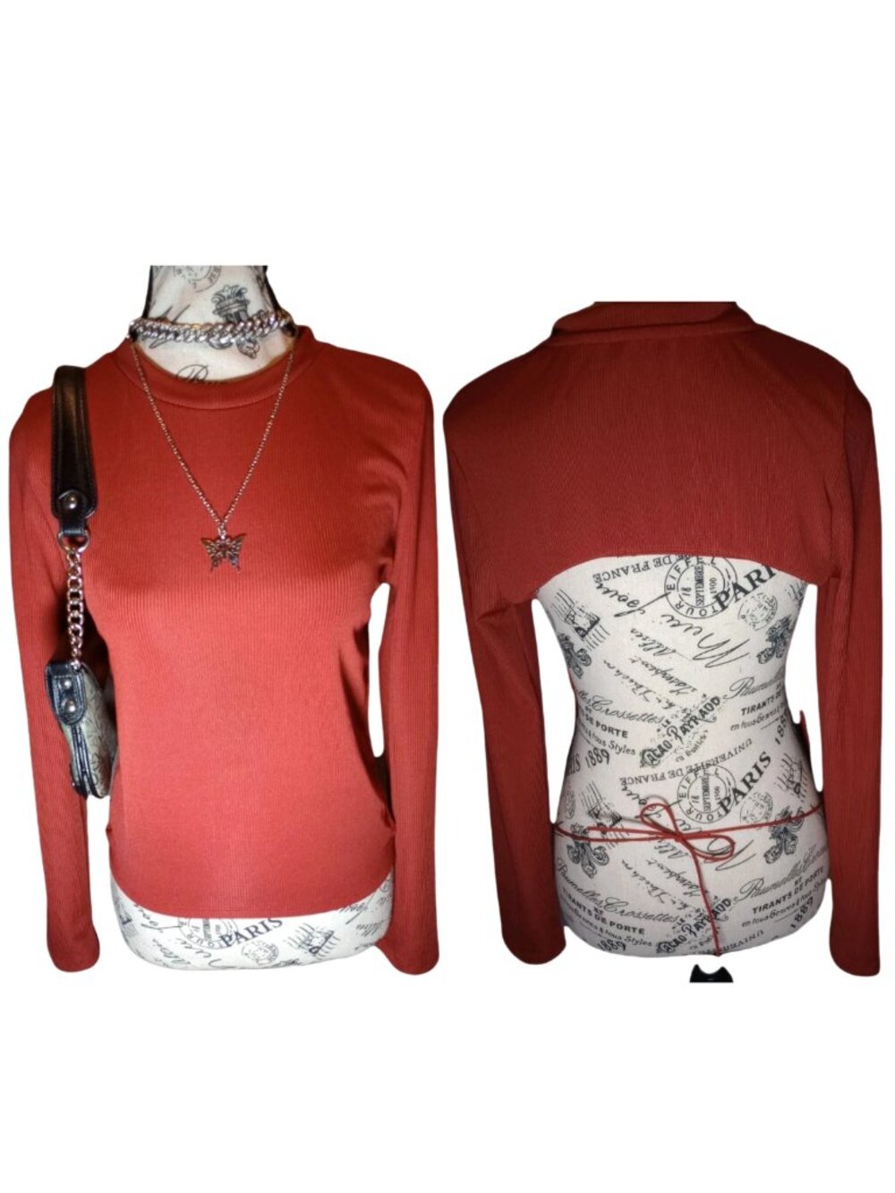 Love J Rust Red Ribbed Long Sleeve Crop Top XL Wrap Side Tie